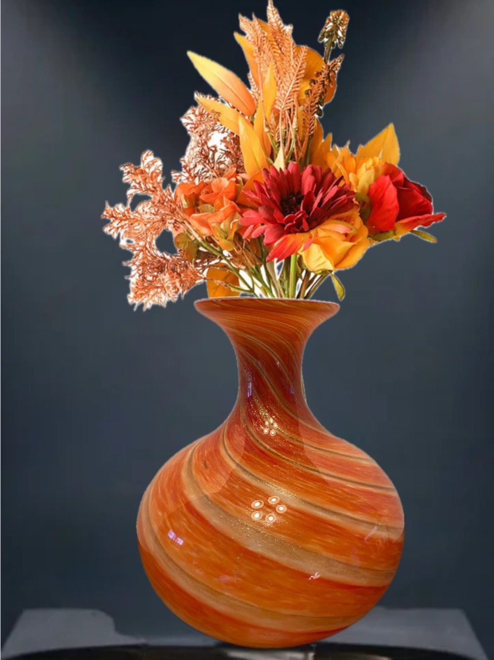 Italian Opaline Orange/Gold Aventurine Cased Glass Vase/12” Carlo Moretti Attrib